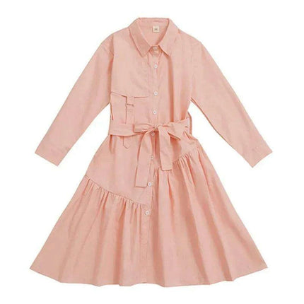 Girls' Spring Autumn Button-Up Dress in Solid Blue and Pink for Ages 6-16 - Très Elite