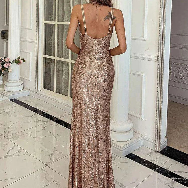 Glamorous Backless Sequin Mermaid Maxi Dress with V Neck and Side Slit for Evening Elegance