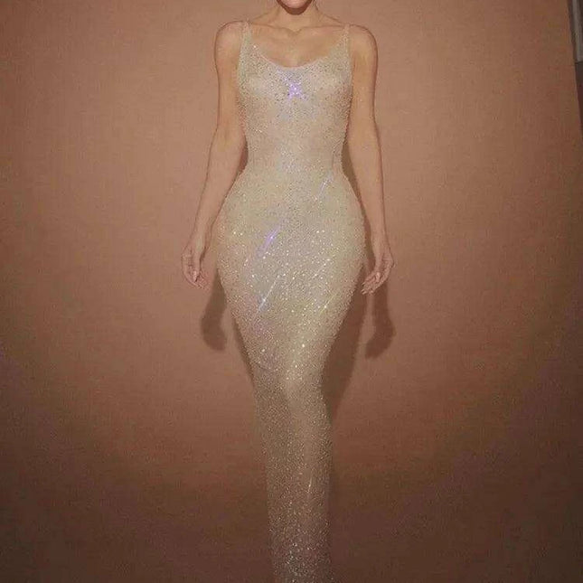 Glamorous Beige Crystal-Embellished Bodycon Maxi Dress - Timeless Summer Evening Elegance