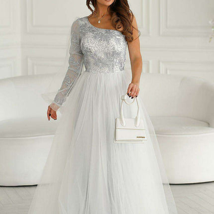 Glamorous Bicotone One-Shoulder Lace Evening Gown - Très Elite