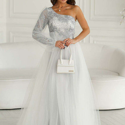 Glamorous Bicotone One-Shoulder Lace Evening Gown - Très Elite