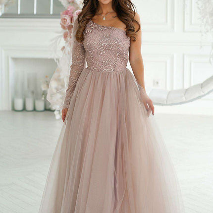 Glamorous Bicotone One-Shoulder Lace Evening Gown - Très Elite