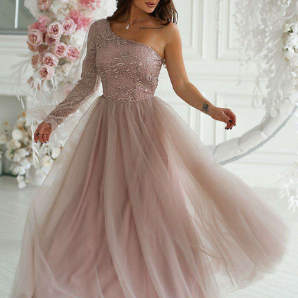 Glamorous Bicotone One-Shoulder Lace Evening Gown - Très Elite