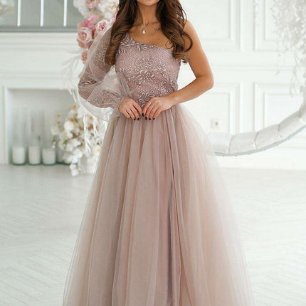 Glamorous Bicotone One-Shoulder Lace Evening Gown - Très Elite