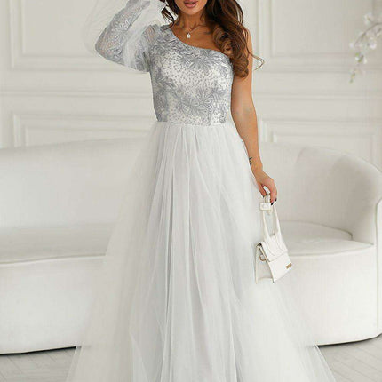 Glamorous Bicotone One-Shoulder Lace Evening Gown - Très Elite