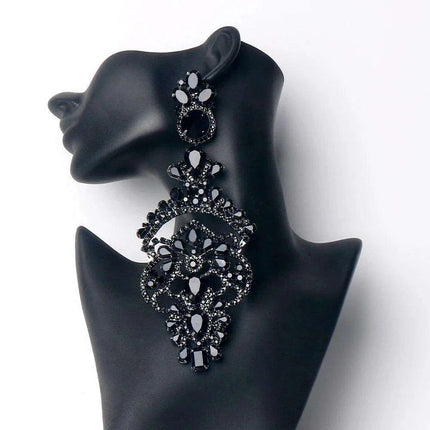 Glamorous Black Crystal and Rhinestone Dangle Earrings - Luxurious Statement Accessory - Très Elite