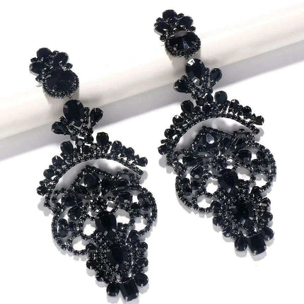 Glamorous Black Crystal and Rhinestone Dangle Earrings - Luxurious Statement Accessory - Très Elite