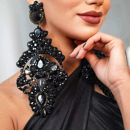 Glamorous Black Crystal and Rhinestone Dangle Earrings - Luxurious Statement Accessory - Très Elite