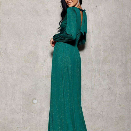 Glamorous Brocade Maxi Dress with Stylish Waist Belt and Eye-Catching Leg Cutout - Ideal for Elegant Events - Très Elite