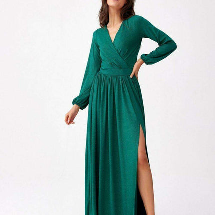 Glamorous Brocade Maxi Dress with Stylish Waist Belt and Eye-Catching Leg Cutout - Ideal for Elegant Events - Très Elite