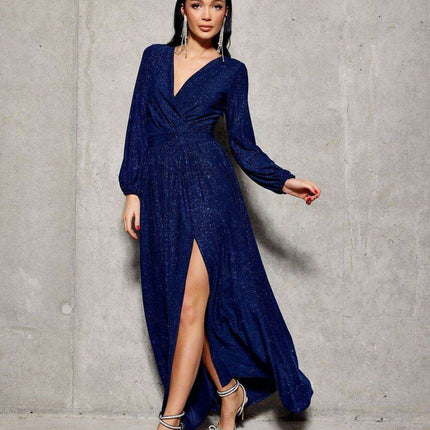 Glamorous Brocade Maxi Dress with Stylish Waist Belt and Eye-Catching Leg Cutout - Ideal for Elegant Events - Très Elite
