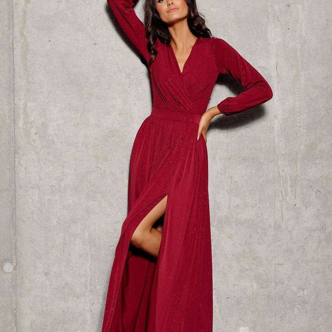 Glamorous Brocade Maxi Dress with Stylish Waist Belt and Eye-Catching Leg Cutout - Ideal for Elegant Events