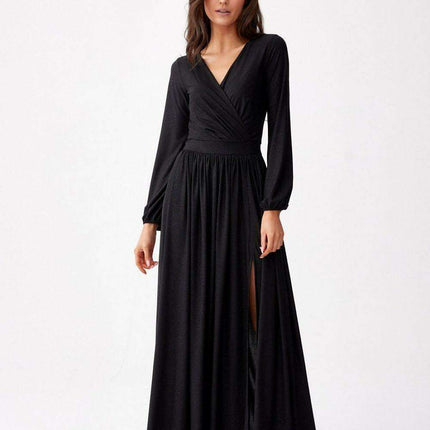 Glamorous Brocade Maxi Dress with Stylish Waist Belt and Eye-Catching Leg Cutout - Ideal for Elegant Events - Très Elite