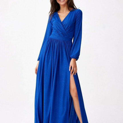 Glamorous Brocade Maxi Dress with Stylish Waist Belt and Eye-Catching Leg Cutout - Ideal for Elegant Events - Très Elite