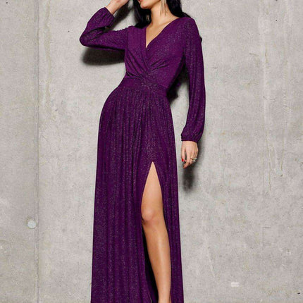Glamorous Brocade Maxi Dress with Stylish Waist Belt and Eye-Catching Leg Cutout - Ideal for Elegant Events
