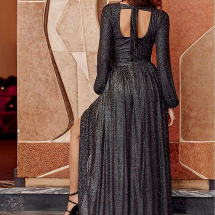 Glamorous Brocade Maxi Dress with Stylish Waist Belt and Eye-Catching Leg Cutout - Ideal for Elegant Events - Très Elite