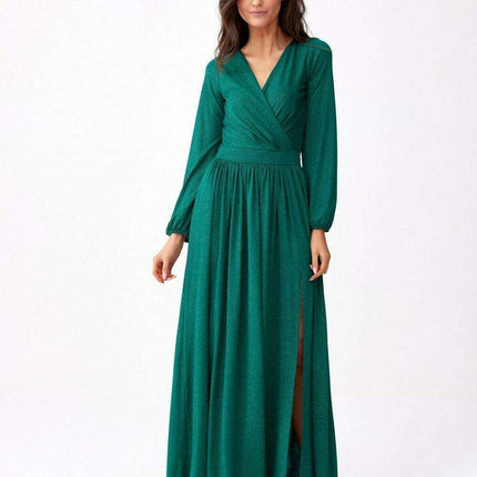 Glamorous Brocade Maxi Dress with Stylish Waist Belt and Eye-Catching Leg Cutout - Ideal for Elegant Events - Très Elite