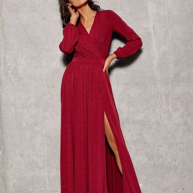 Glamorous Brocade Maxi Dress with Stylish Waist Belt and Eye-Catching Leg Cutout - Ideal for Elegant Events