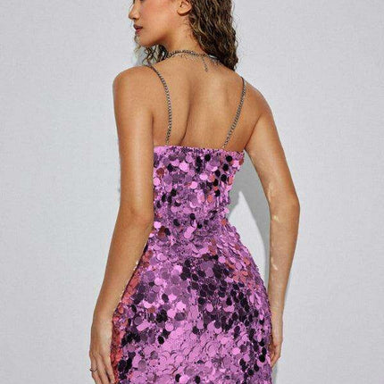 Glamorous Chain Sequined Asymmetrical Dress with Alluring Detail - Très Elite