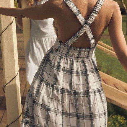 Glamorous Checkered V-Neck Dress with Elegant Open Back - Women's Stylish Fashion Essential - Très Elite