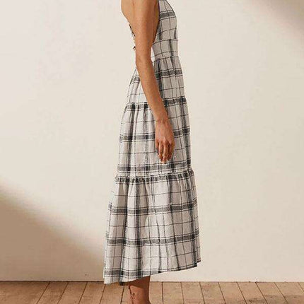 Glamorous Checkered V-Neck Dress with Elegant Open Back - Women's Stylish Fashion Essential - Très Elite