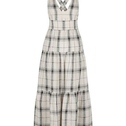 Glamorous Checkered V-Neck Dress with Elegant Open Back - Women's Stylish Fashion Essential - Très Elite