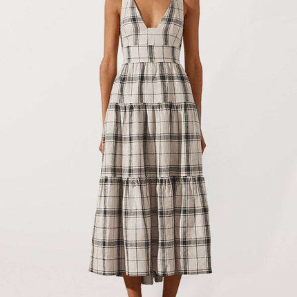 Glamorous Checkered V-Neck Dress with Elegant Open Back - Women's Stylish Fashion Essential - Très Elite