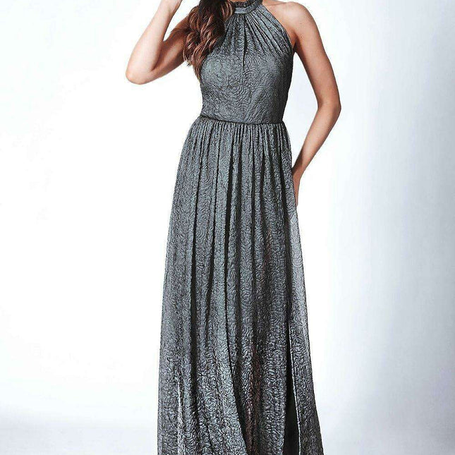 Glamorous Crepe Mesh Floor-Length Dress with Elegant High Collar and Striking Slit
