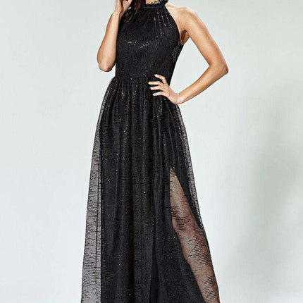 Glamorous Crepe Mesh Floor-Length Dress with Elegant High Collar and Striking Slit