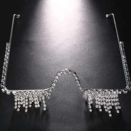 Glamorous Crystal Tassel Rhinestone Half Frame Glasses - Stylish Eyewear for Women - Très Elite