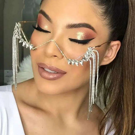 Glamorous Crystal Tassel Rhinestone Half Frame Glasses - Stylish Eyewear for Women - Très Elite