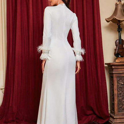 Glamorous Deep V-Neck Feather-Embellished Evening Dress - Très Elite