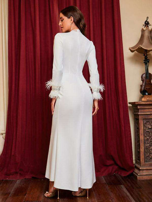 Glamorous Deep V-Neck Feather-Embellished Evening Dress