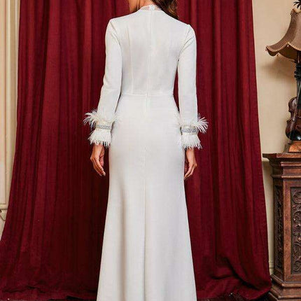 Glamorous Deep V-Neck Feather-Embellished Evening Dress - Très Elite