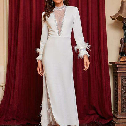 Glamorous Deep V-Neck Feather-Embellished Evening Dress - Très Elite