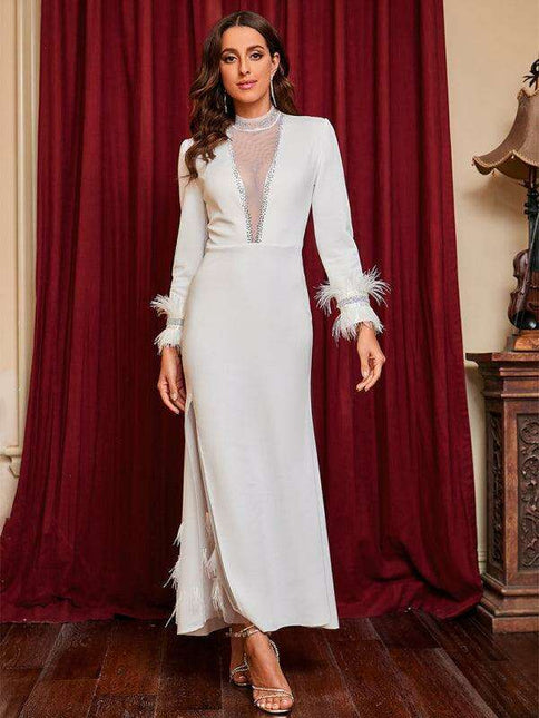 Glamorous Deep V-Neck Feather-Embellished Evening Dress