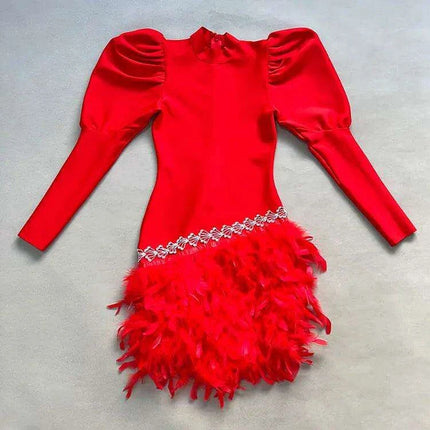 Glamorous Diamond & Feather Bubble Sleeve Bodycon Mini Dress - Dazzling Elegance - Très Elite