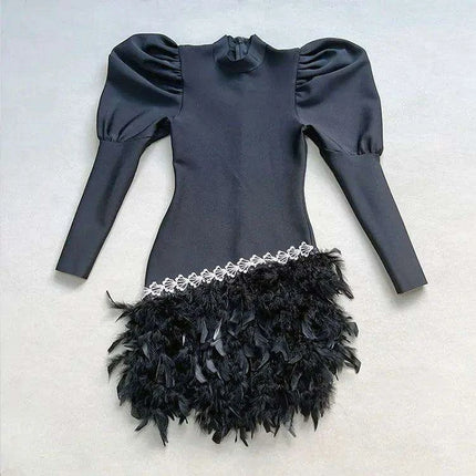 Glamorous Diamond & Feather Bubble Sleeve Bodycon Mini Dress - Dazzling Elegance - Très Elite