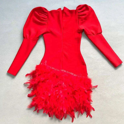 Glamorous Diamond & Feather Bubble Sleeve Bodycon Mini Dress - Dazzling Elegance - Très Elite