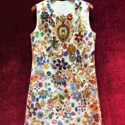 Glamorous Heavy Beaded Diamond A-Line Sleeveless Retro Court Dress - Très Elite