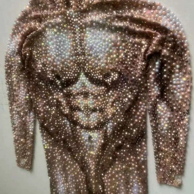 Glamorous Night Out: Men's Rhinestone and Pearl Jumpsuit for Unforgettable Style