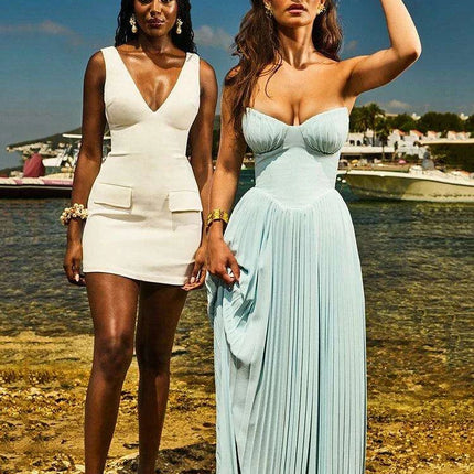 Glamorous Off-Shoulder High Waist Pleated Maxi Dress - Backless Bodycon Long Gown for Women - Très Elite