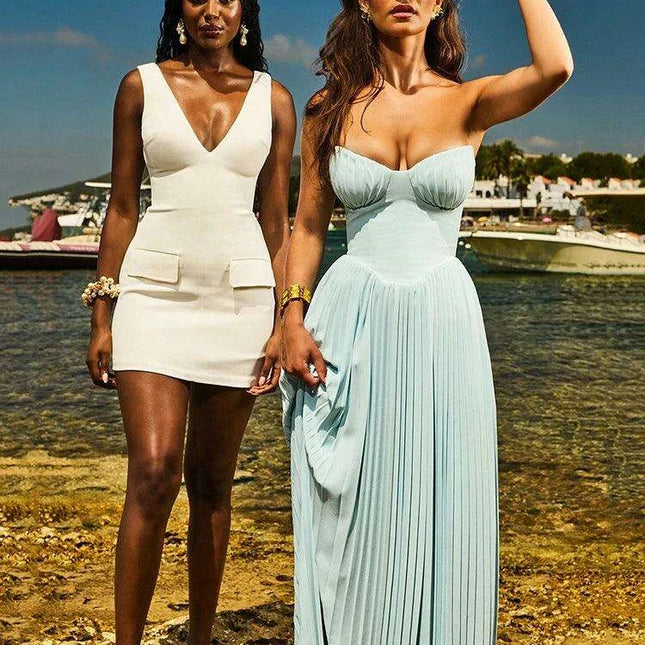 Glamorous Off-Shoulder High Waist Pleated Maxi Dress - Backless Bodycon Long Gown for Women