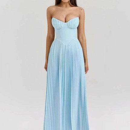 Glamorous Off-Shoulder High Waist Pleated Maxi Dress - Backless Bodycon Long Gown for Women - Très Elite