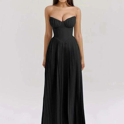Glamorous Off-Shoulder High Waist Pleated Maxi Dress - Backless Bodycon Long Gown for Women - Très Elite
