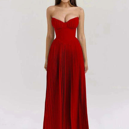Glamorous Off-Shoulder High Waist Pleated Maxi Dress - Backless Bodycon Long Gown for Women - Très Elite