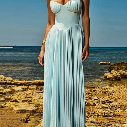 Glamorous Off-Shoulder High Waist Pleated Maxi Dress - Backless Bodycon Long Gown for Women - Très Elite