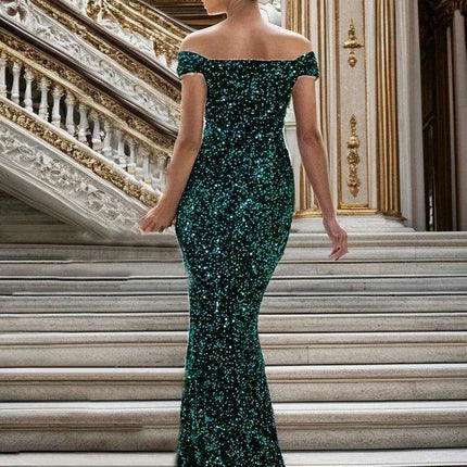 Glamorous Off-The-Shoulder Sequin Velvet Mermaid Evening Gown - Luxurious Long Dress for Women in Vibrant Red - Très Elite