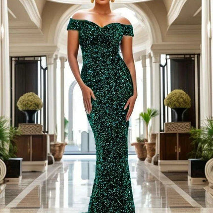 Glamorous Off-The-Shoulder Sequin Velvet Mermaid Evening Gown - Luxurious Long Dress for Women in Vibrant Red - Très Elite