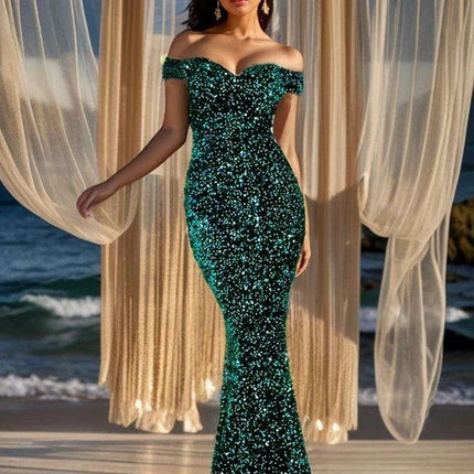 Glamorous Off-The-Shoulder Sequin Velvet Mermaid Evening Gown - Luxurious Long Dress for Women in Vibrant Red - Très Elite